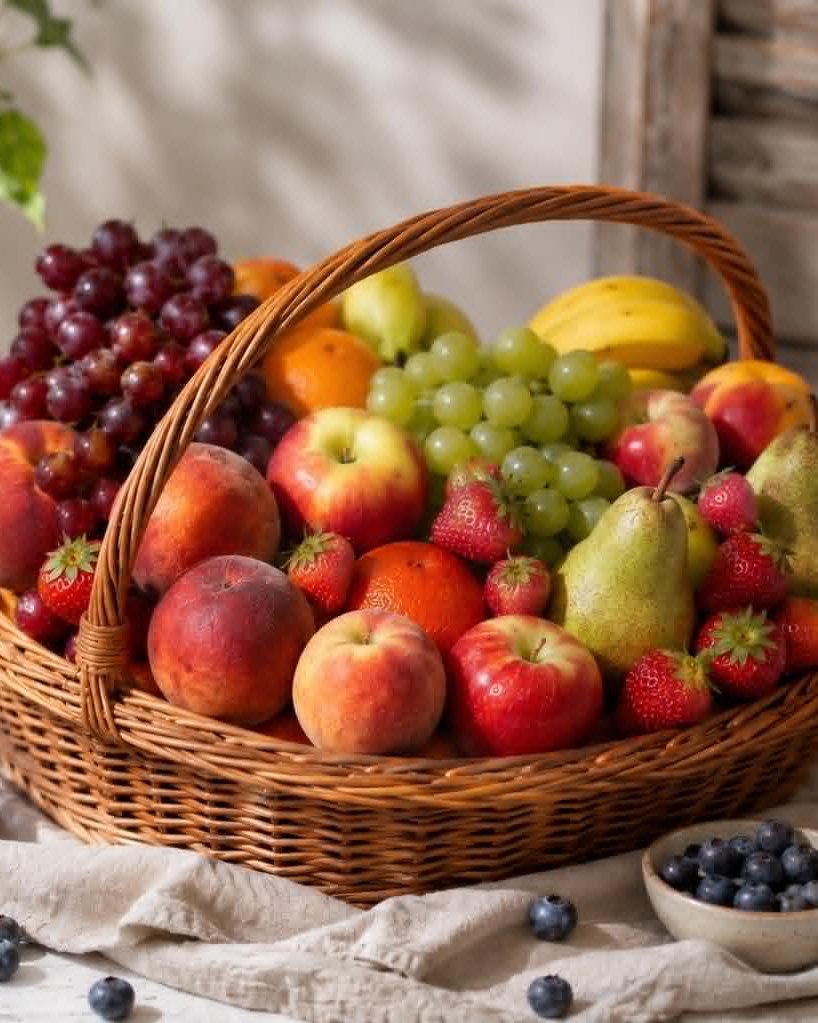 Panier rond en osier débordant de fruits frais — raisins, pêches, pommes, poires, fraises et agrumes