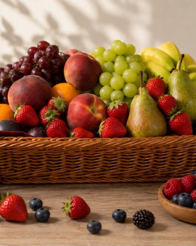 Panier en osier garni de fruits frais et de petits fruits — poires, pêches, raisins, bananes et fraises